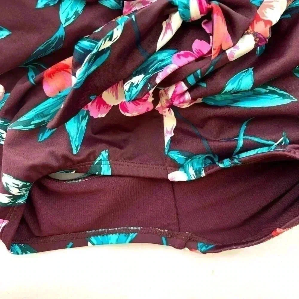 Embrace Your Curves Maroon Floral V-Neck Plunge Spaghetti Strap One Piece Size M